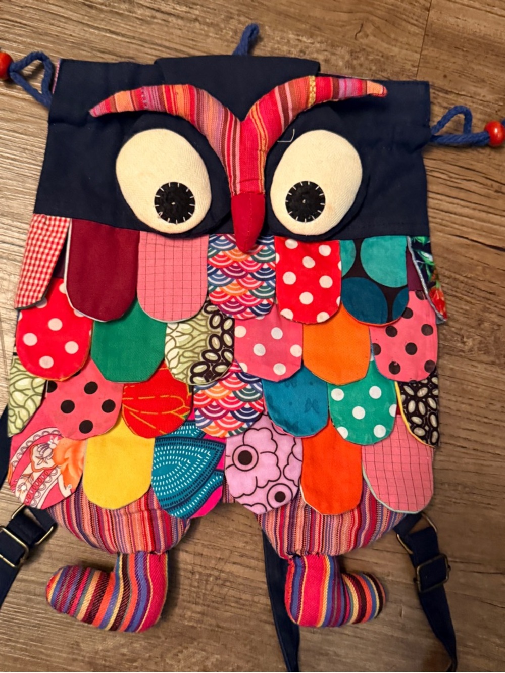 Handmade Multicolor Owl Drawstring Backpack - Colorful Patchwork